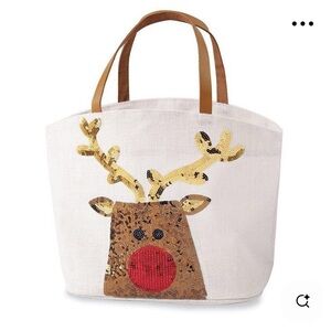 NWT Mud Pie Reindeer Sequin Tote with Leather Handles
